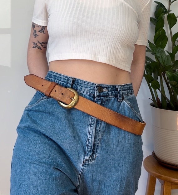 Vintage Distressed Tan Leather Belt with Solid Bra