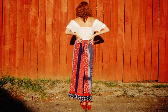 1970s Red, White, Blue Peasant Dress / 1970s Band… - image 3