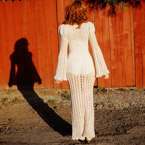 1960s White Crochet Maxi Dress with Metallic Thread / 1960s Princess Sleeve Crochet Maxi Dress / 1960s Hippie Wedding Dress image 3