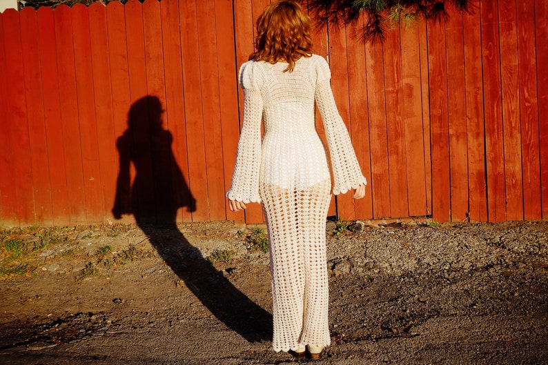 1960s White Crochet Maxi Dress with Metallic Thread / 1960s Princess Sleeve Crochet Maxi Dress / 1960s Hippie Wedding Dress image 3
