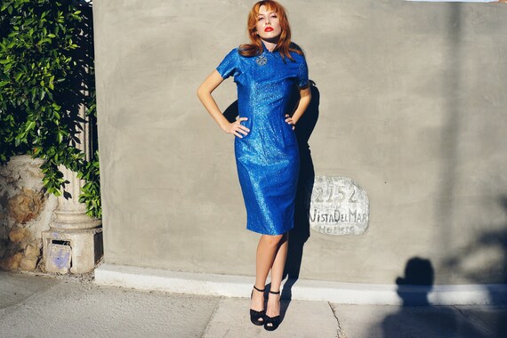 1950s Blue Tinsel Chinese Qipao Dress / 1950s Blu… - image 2