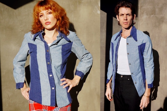 1970s Militaires Equipments Two Tone Denim Shirt Jacket / 1970s Two Tone Denim Jacket / 1970s Denim Shirt / 1970s French Military