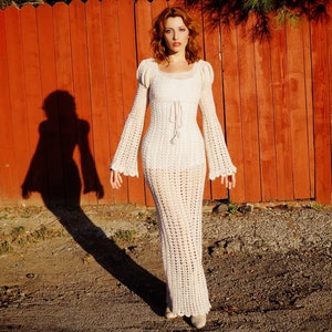 1960s White Crochet Maxi Dress with Metallic Thread / 1960s Princess Sleeve Crochet Maxi Dress / 1960s Hippie Wedding Dress image 5