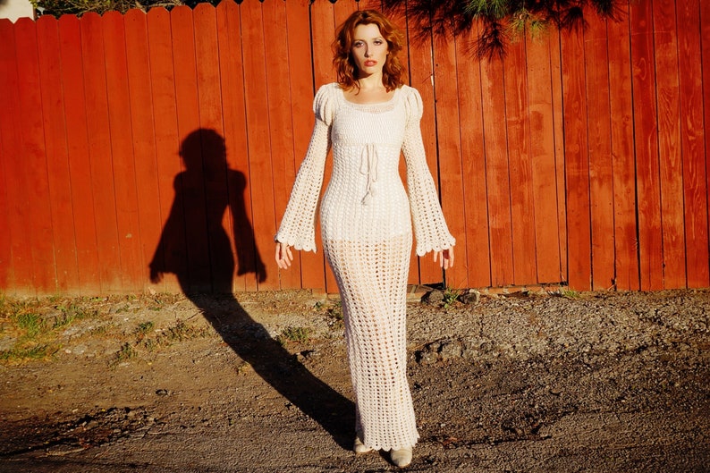 1960s White Crochet Maxi Dress with Metallic Thread / 1960s Princess Sleeve Crochet Maxi Dress / 1960s Hippie Wedding Dress image 5