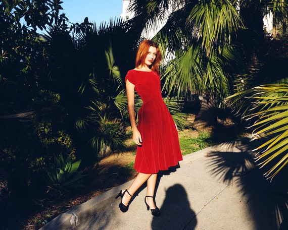 1930s red dress 1930s Red Velvet Cocktail Dress: Bow Back, XS