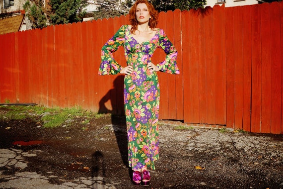 1960s Green Floral Bell Sleeve Psychedelic Maxi D… - image 1