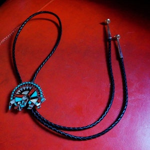 Vintage Zuni Inlay Sterling Silver Coral and Turquoise Bolo Tie Signed and Stamped / Zuni Bolo Tie / Zuni Inlay Necklace / Zuni Armadillo