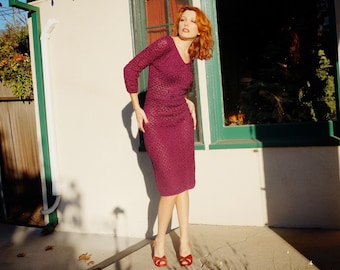 1940s Purple Ribbon Dress / 40s Ribbon Knit Dress