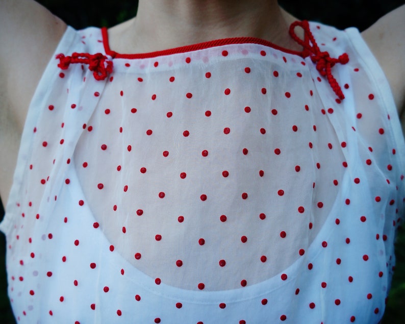 1930s Sheer White and Red Polkadot Dress with Red Bows / 1930s Day Dress / 1930s Polka Dot Dress / 1930s Sheer Dress / 1930s Mini Dress image 5