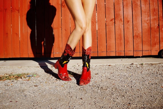 90s Black Leather and Red Snakeskin Cowgirl Boots… - image 1