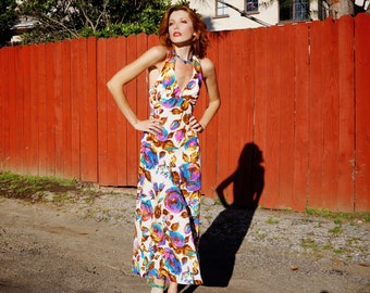 1970s Floral Halter Dress / 70s Floral Maxi Dress / 1970s Sundress