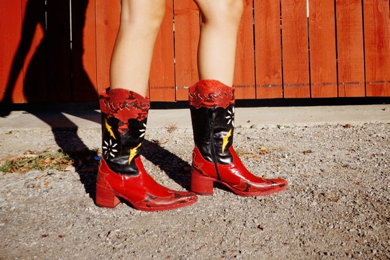 90s Black Leather and Red Snakeskin Cowgirl Boots… - image 2