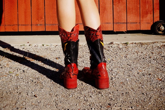 90s Black Leather and Red Snakeskin Cowgirl Boots… - image 3