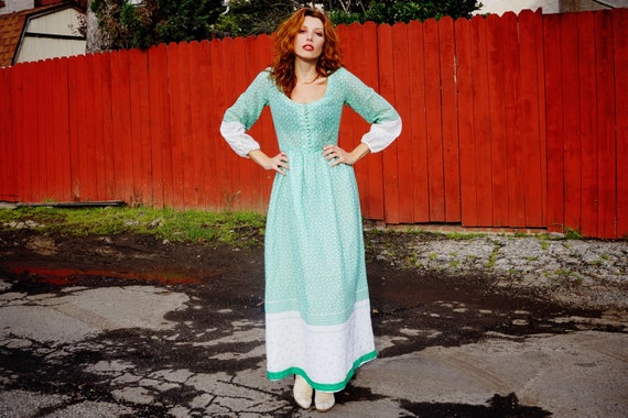 1970s Green and White Cotton Maxi Dress / 1970s C… - image 3