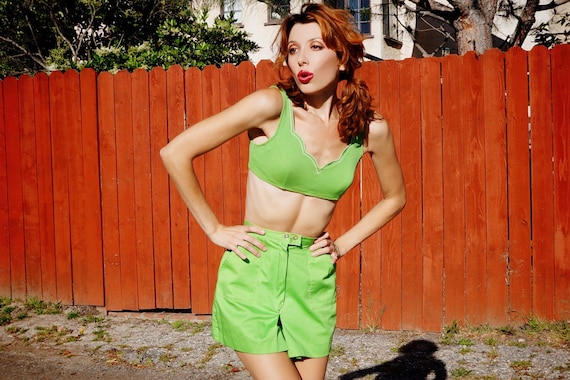 1950s Lime Green Playsuit Set / 1950s Green Bikin… - image 1