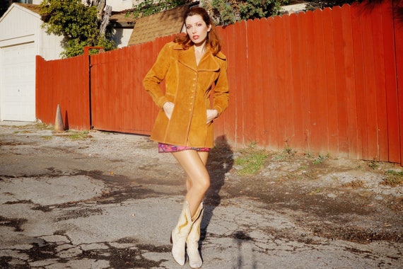 1960s Camel Colored Suede Belted Coat / 1960s Tan… - image 1