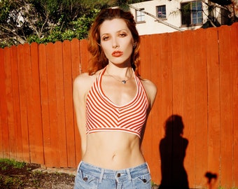 1970s Red and White Striped Halter Top / 70s Crop Halter Top