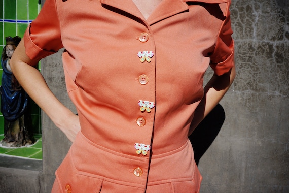 1970s Peach Disco Suit with Butterfly Buttons / 1… - image 2