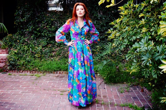 1960s Novelty Print Chiffon Maxi dress with Ballo… - image 1