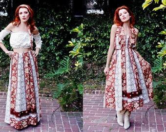 1970s Prairie Dress and Tie Set / 1970s Prairie Maxi Skirt / 1970s Convertible Dress / Gunne Sax Style Dress / 1970s Peasant Dress