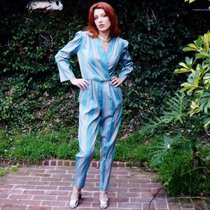1970s Striped Blue Cotton Jumpsuit / 1970s Bowie Style Jumpsuit / 1970s Disco Jumpsuit / 70s Long Sleeve Jumpsuit