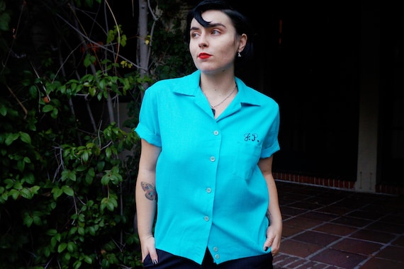 1950s Blue Bowling Shirt / 1950s Women’s Bowling … - image 1