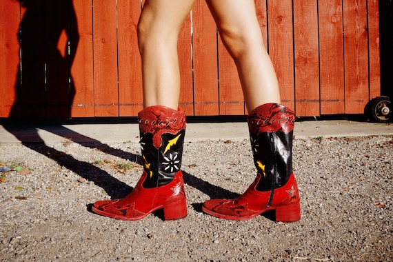 90s Black Leather and Red Snakeskin Cowgirl Boots… - image 5