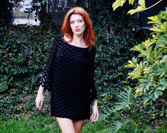 1970s Black Micro Mini Dress with Sequined Bell Sleeves / 1970s Black Velvet Mini Dress / 70s Little Black Dress / Mod Mini Dress / Sequins