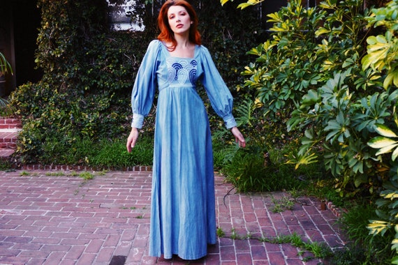 1970s Bishop Sleeves Maxi Dress / 1970s Chambray … - image 1