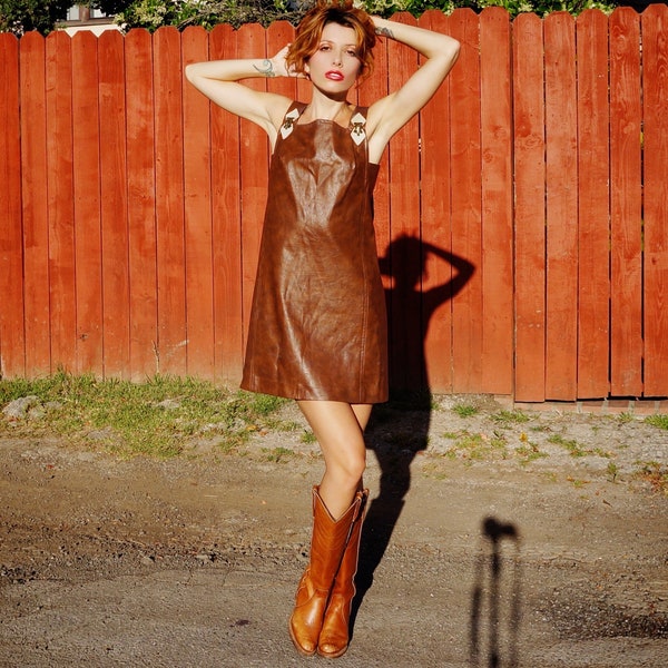 1960s Mod Leather Shift Dress / 1960s Leather Dress / 60s Leather Jumper