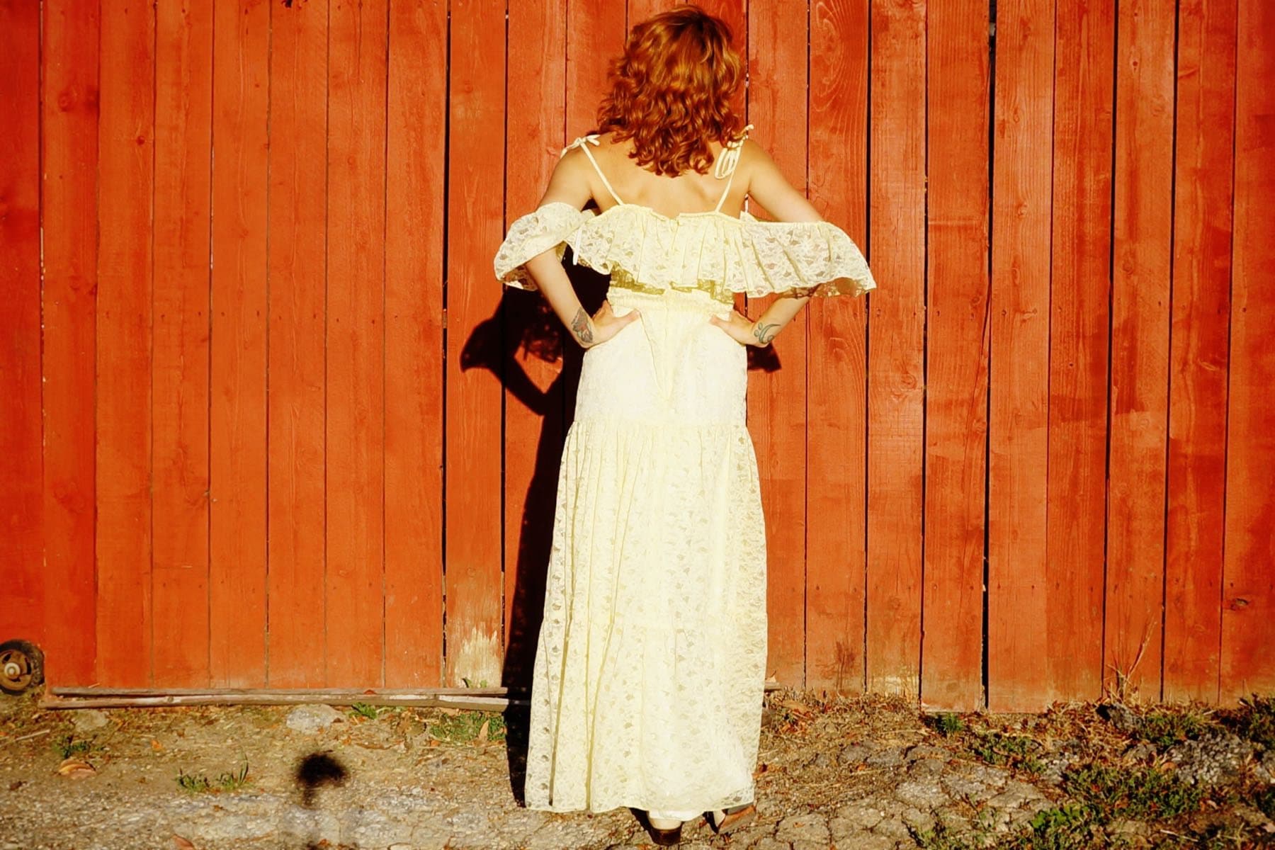 60’s White Eyelet Lace and Yellow Check Maxi Dress by  Chuck Howard Boutique