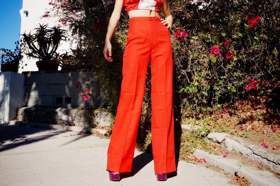 1970s Red High Rise Bell Bottoms Deadstock / 1970s Red Polyester Pants /  1970s Polyester Bell Bottoms / 1970s Studio 54 Pants 