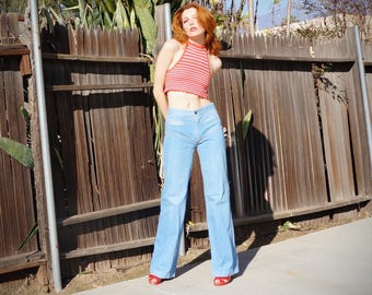 1970s Light Wash Bell Bottom Low Rise Jeans Size 30 / 70s Low Rise Bell Bottoms / 70s Wide Leg Jeans