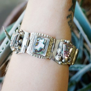 Antique Sterling Silver and Abalone Carved Mexican Bracelet / Mexican Silver Bracelet 925 / Mexican Souvenir Bracelet / Carved Faces Warrior