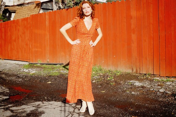 1970s Orange Indian Cotton Maxi Dress / 1970s Ind… - image 3
