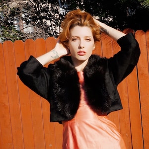 1950s Alpaca Wool and Black Fur Bolero Jacket / 1950s Fur Collar Bolero / 1950s Fur Jacket