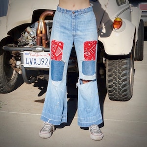 70er Jahre Plüschhose Weites Bein High Waist Bandana Gepatchte Jeans / 70er Jahre Patchwork Jeans