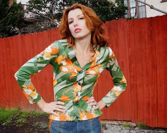 1970s Novelty Print Polyester Button Down Shirt / 1970s Disco Blouse