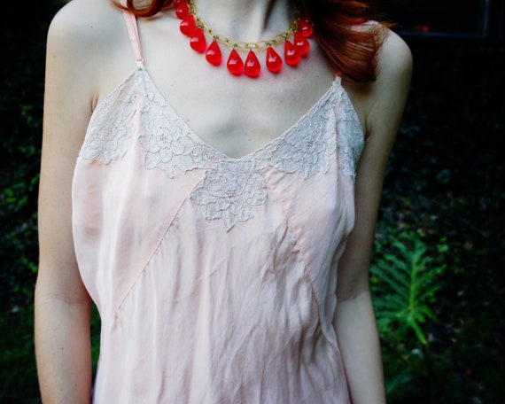 1930s Pale Pink Silk Slip Dress with Lace Detail … - image 3