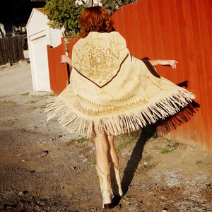 1960s Etched Suede Cape / Tooled Suede Poncho / Suede Fringe Cape