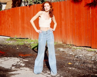 1970s Painted Star Bell Bottoms by Faded Glory / 1970s Star Jeans / 1970s Patina Bell Bottom Jeans / 70s Painted Jeans