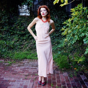 1930s Pale Pink Silk Slip Dress with Lace Detail / 30s Bias Cut Silk Maxi Dress / Semi Sheer Slip Dress