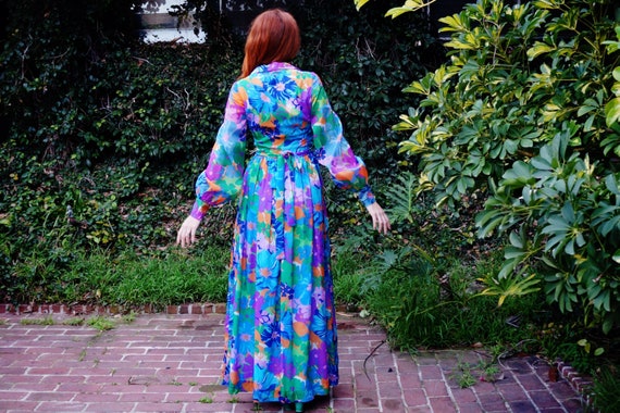 1960s Novelty Print Chiffon Maxi dress with Ballo… - image 4