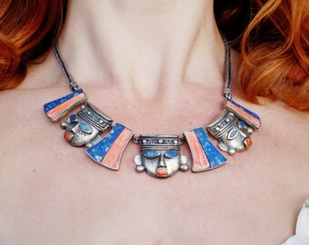 Antique Mexican Sterling Silver Lapis and Spiny Oyster Warrior Face Necklace / Mexican Warrior Face Necklace /