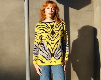 1970s Tiger and Zebra Novelty Print Metallic Sweater / 1970s Tiger Sweater / 1970s Metallic Sweater / Glam Rock Novelty Print Sweater