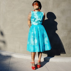 1950s Blue Floral Cocktail Dress / 1950s Belted Cocktail Dress / 1950s Chiffon Party Dress