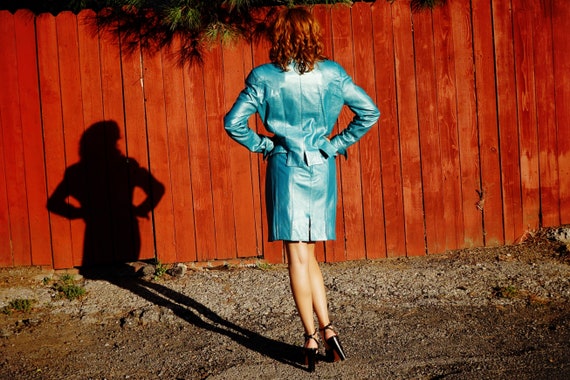1980s Turquoise Blue Metallic Leather Suit / 1980… - image 3