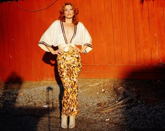 1970s Novelty Print Polyesyer Pants Union Made / 1970s Low Rise Flair Pants / 1970s Printed Bell Bottoms