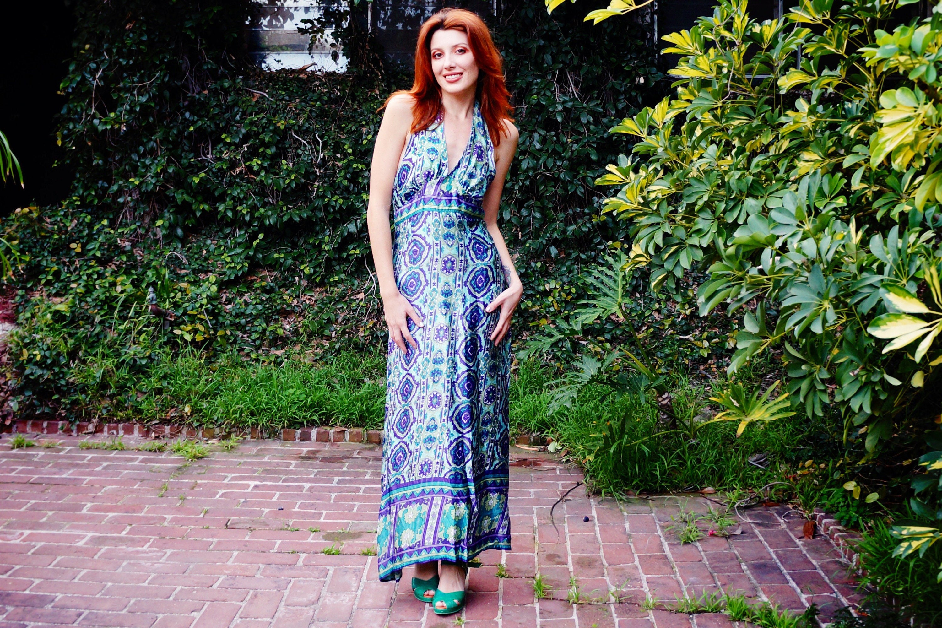 1970s Paisley Silk Boho Maxi Dress / 1970s Halter Maxi Dress