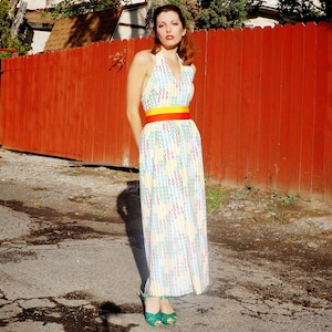 1960s Halter Maxi Dress from Saks Fifth Ave / 1960s Geometric Print Maxi Dress / 60s Novelty Print Dress